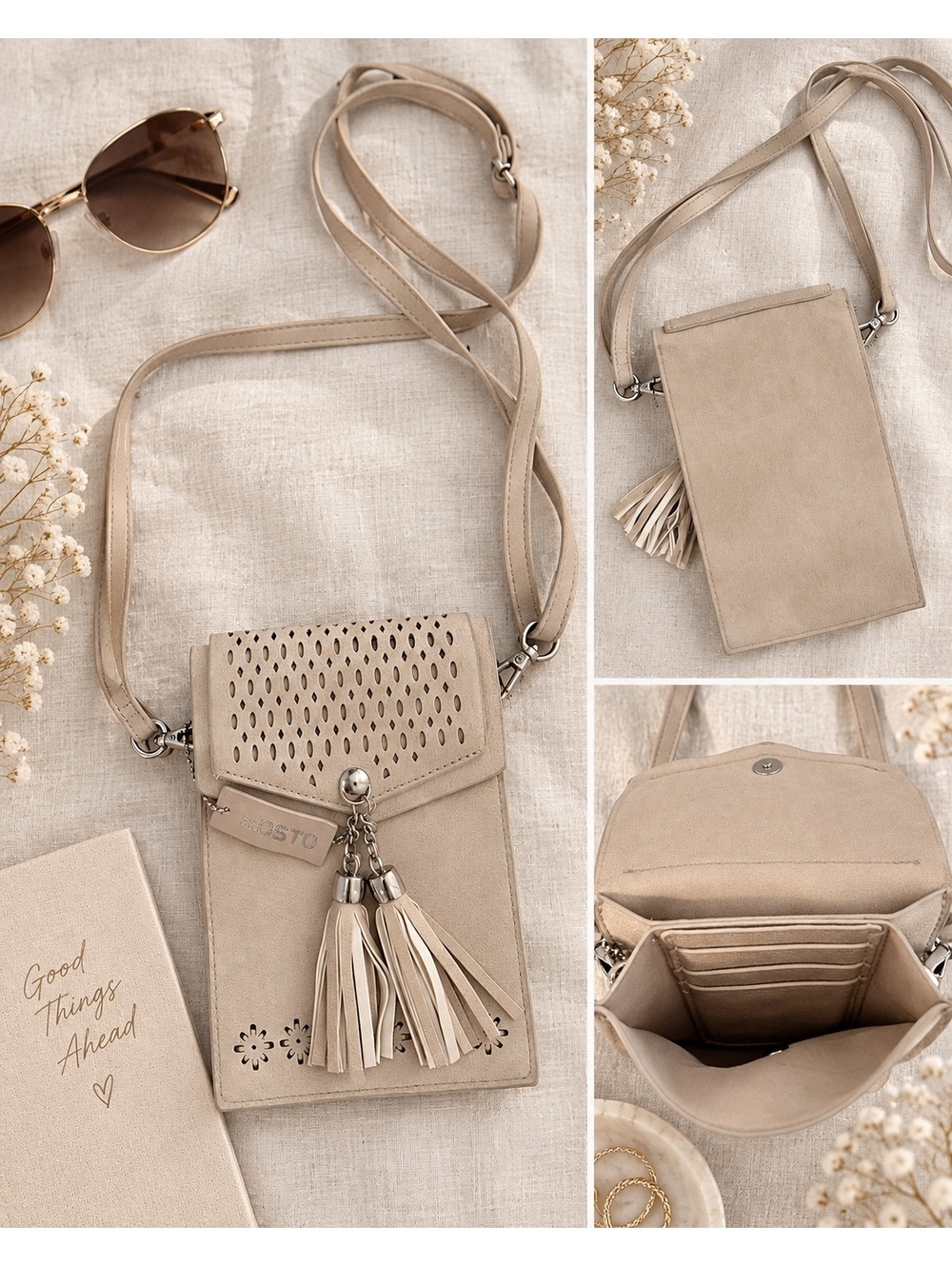 SOSTO Beige Phone Crossbody Bag Tassel Laser Cut Mini Purse Card Holder